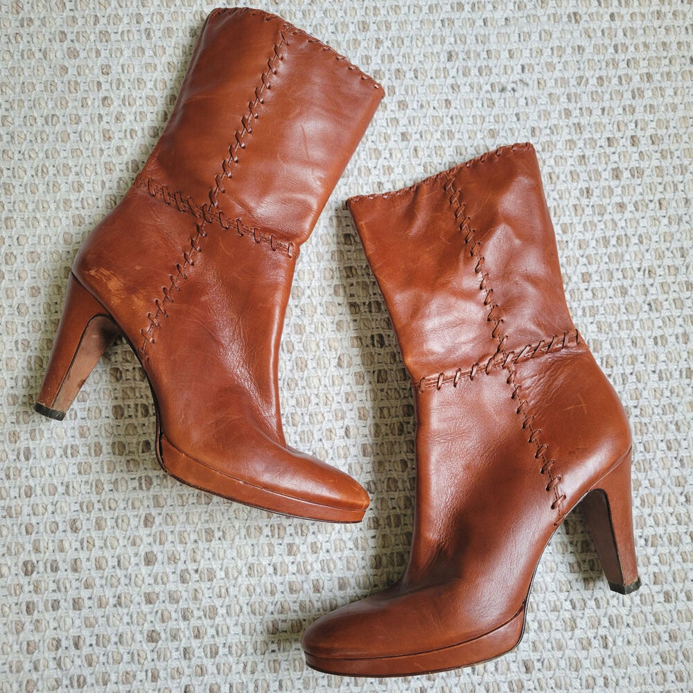 Y2K Antonio Melani Womens 8.5 Brown Leather Boots PAtchwork Stitch Stietto Heel